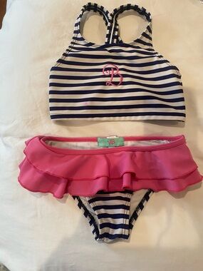 Striped Navy & White Two-Piece Swim Set with Pink Ruffle
